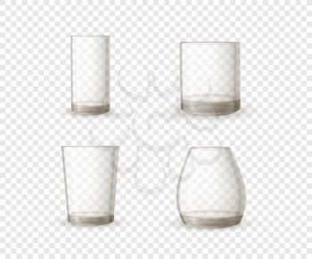 Empty realistic glossy glasses in different shape on transparent background