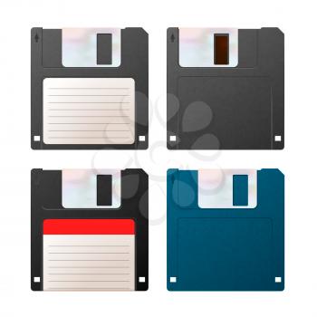 Realistic detailed floppy-disks, vintage objects isolated on white