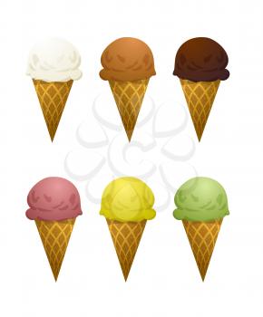 Set of six ice cream cone with different tastes- vanilla, chocolate, caramel, strawberry, lemon, pistachios on white.