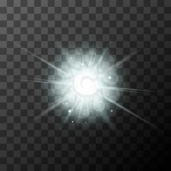 Star burst with white sparkles on transparent background. Sunny glow lighting effect.