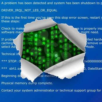 Torn hole in BSOD error text with green matrix code signs on background