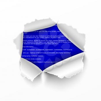 Torn hole in white sheet of paper on BSOD error program code