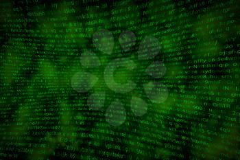 Abstract green complicated crypto symbols on black, data encryption binary code concept