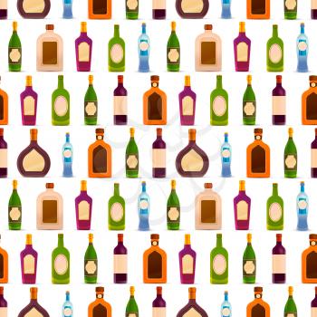 A lot of different glossy bottles with alcohol in a row on white, seamless pattern