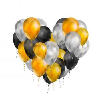 A lot of luxury balloons in gold, silver and black colours in heart shape isolated on white