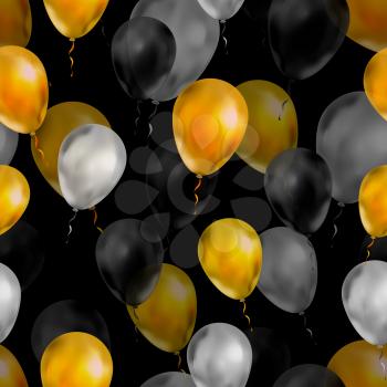 A lot of luxury balloons in gold, silver and black colours, seamless pattern on black