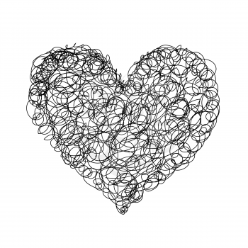 Black messy hatching in heart shape, freehand doodling on white