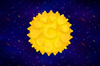 Bright cartoon Sun star on wide deep space background with lots of colorful stars and galacticas