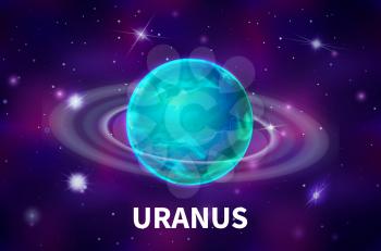 Bright realistic Uranus planet on colorful deep space background with bright stars and constellations