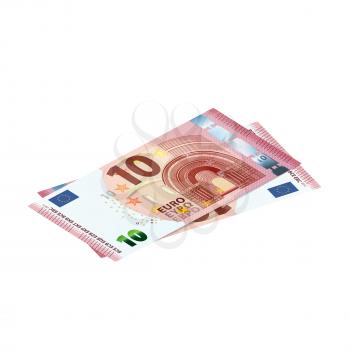 Couple of 10 euro banknotes in isometric view isolated on white