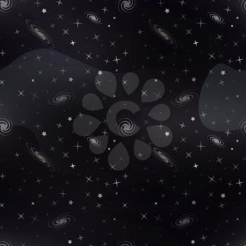 Dark cartoon deep space background with lots of white stars and galacticas on black, cosmos seamless pattern