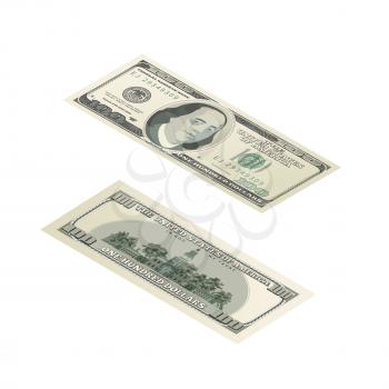 Dummy of one hundred USA dollars banknote, front and back detailed coupure in isometric view isolated on white