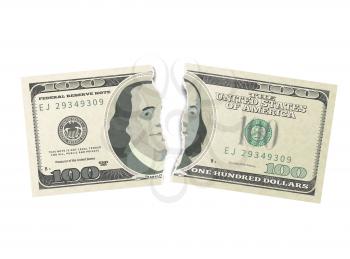Fake one hundred USA dollars green banknote torn into two pieces isolated on white