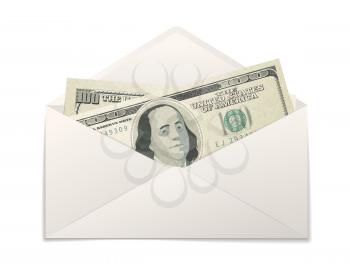Fake two one hundred USA dollars banknotes in white paper envelope isolated on white