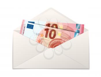 Fake two ten euro banknotes in white paper envelope isolated on white