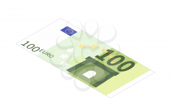Flat one hundred euro banknote in isometric view isolated on white