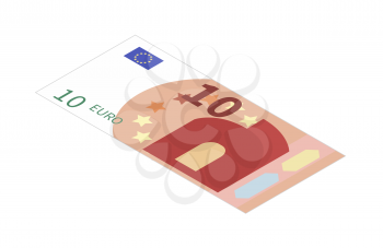 Flat ten euro banknote in isometric view isolated on white