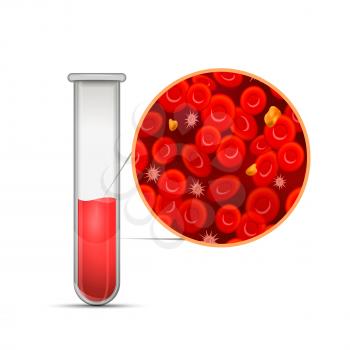 Glossy medical test-tube with red blood composition infographic with erythrocytes, white blood cells, cholesterol and plasma isolated on white