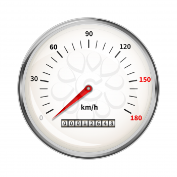 Glossy retro speedometer, car dashboard indicator isolated on white