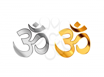 Hinduism religious signs made from glossy silver and gold metall isolated on white
