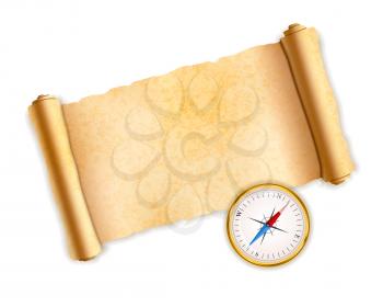 Old textured scroll with vintage glossy golden compass isolated on white