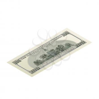One hundred USA dollars banknote, back side detailed coupure in isometric view isolated on white