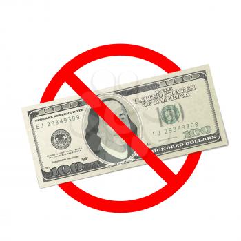 One hundred USA dollars banknotes are not allowed, red forbidden sign isolated on white