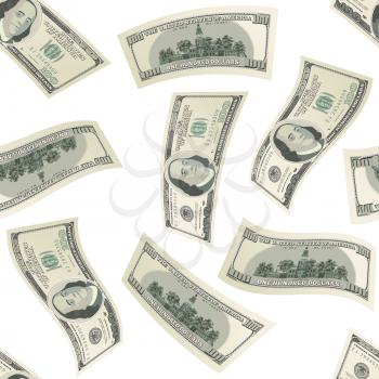 One hundred USA dollars banknotes on white background, seamless pattern