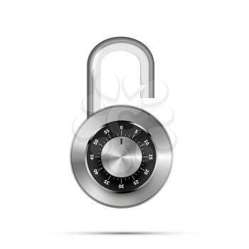 Open round padlock with code numbers isolated on white