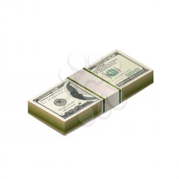 Pack of dummy one hundred US dollars banknote from front side in isometric view isolated on white