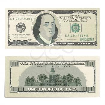 Realistic dummy one hundred USA dollars banknote, front and back detailed coupure isolated on white