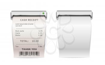 Realistic sales receipts going out from printing machine, white shopping bills . Paper financial checks isolated on white