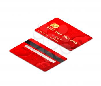 Red realistic credit cards with chip from both sides in isometric projection isolated on white