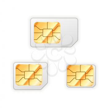 Set of blank standard, micro and nano sim card for phone with golden glossy chip isolated on white