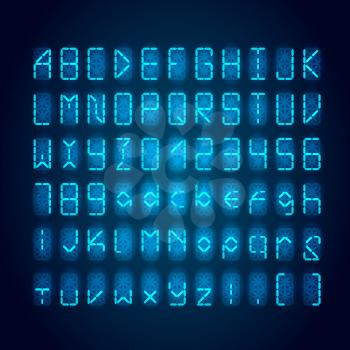 Set of bright blue digital retro clock font on dark background