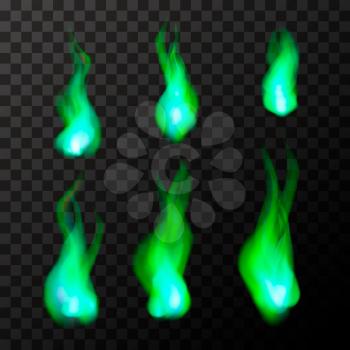 Set of bright green magic fire flames on transparent background