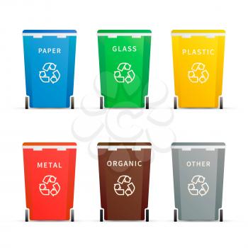 Set of different colourful trash containers for different types of waste isolated on white
