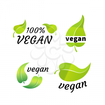 Set of green organic leaves, vegan signs isolated on white
