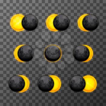 Set of nine eclipse stages with realistic satellite moon and star sun on transparent background