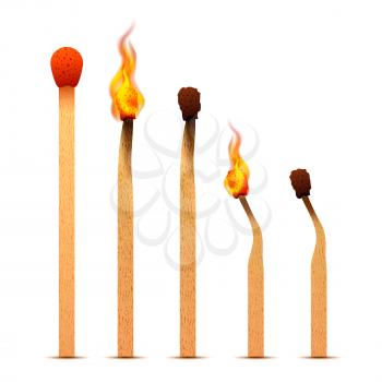 Set of realistic matches with fire flames on different burning stages