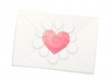 White realistic paper envelope with pink sticker in heart shape isolated on white
