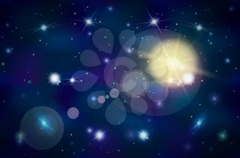 Wide blue deep space background with bright stars and lens flare