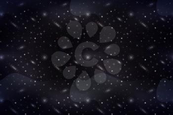 Wide cartoon deep space background with lots of white stars and galacticas on black