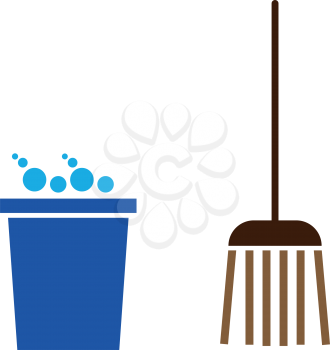 Bucket and broom  set  it is color icon . Simple style .