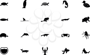 Aquatic animals black color set solid style vector illustration