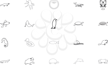 Aquatic animals black color set outline style vector illustration
