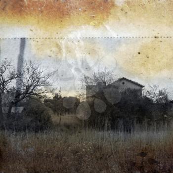Abandoned rural house. Vintage print on stained weathered paper illustration.