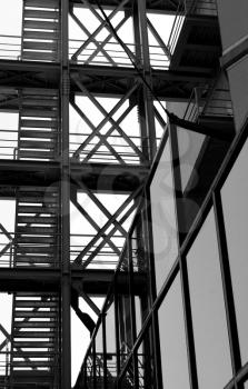 Industrial external staircase. Modern architecture perspective detail.