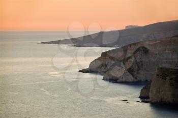 Coastal ridges in the sunset. Island of Zakynthos, Greece.