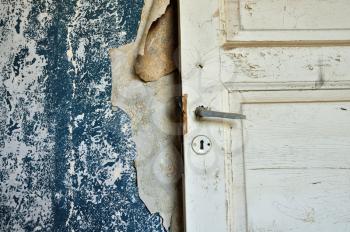 Torn vintage wallpaper peeling paint wall and wooden door in abandoned house.